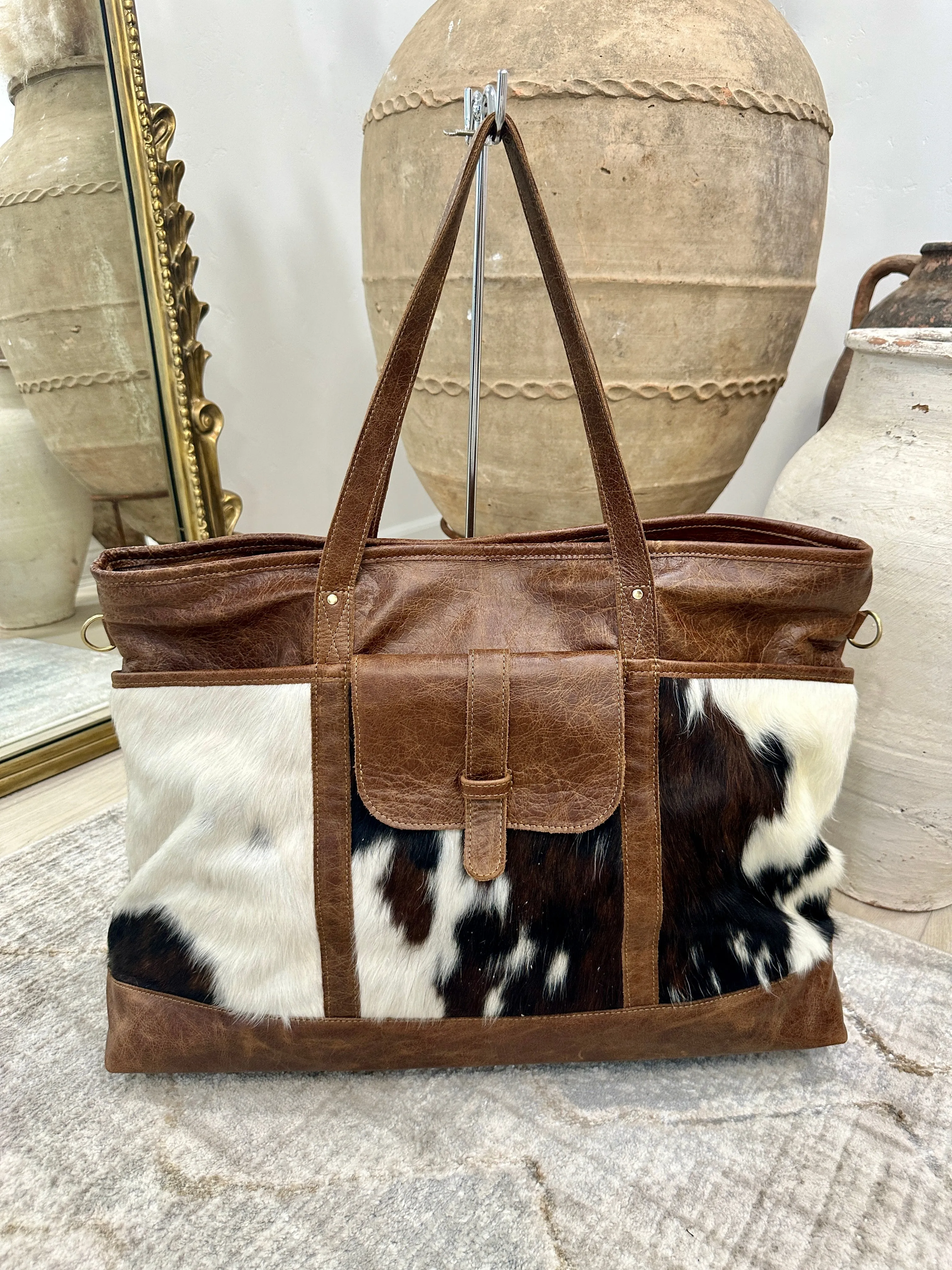 EXCLUSIVE!! Leather and Cowhide Travel Bag in Tri Color