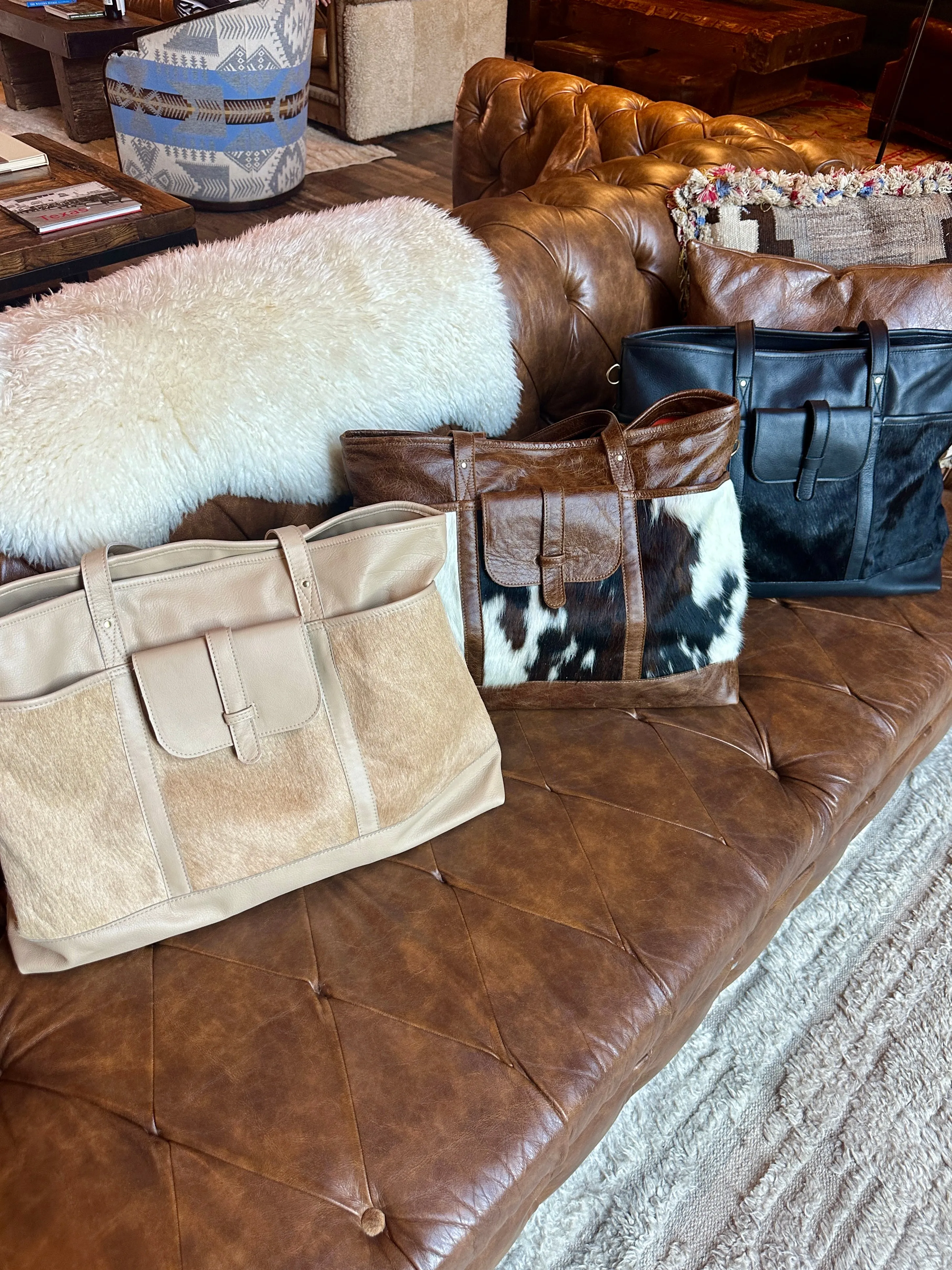 EXCLUSIVE!! Leather and Cowhide Travel Bag in Tri Color