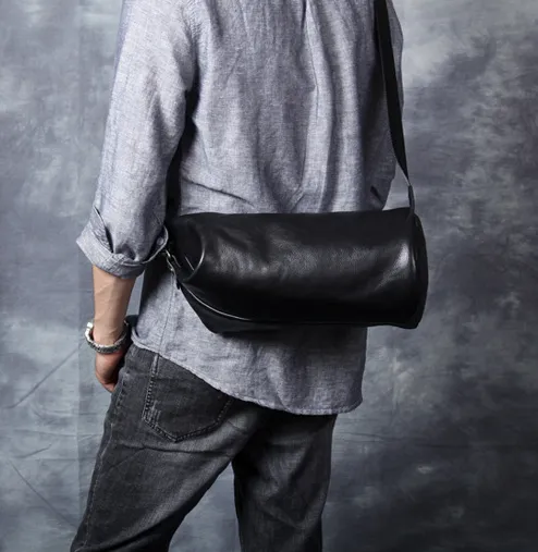 Full Grain Leather Shoulder Bag Black Leather Crossbody Bag Mens Leather Barrel Bag