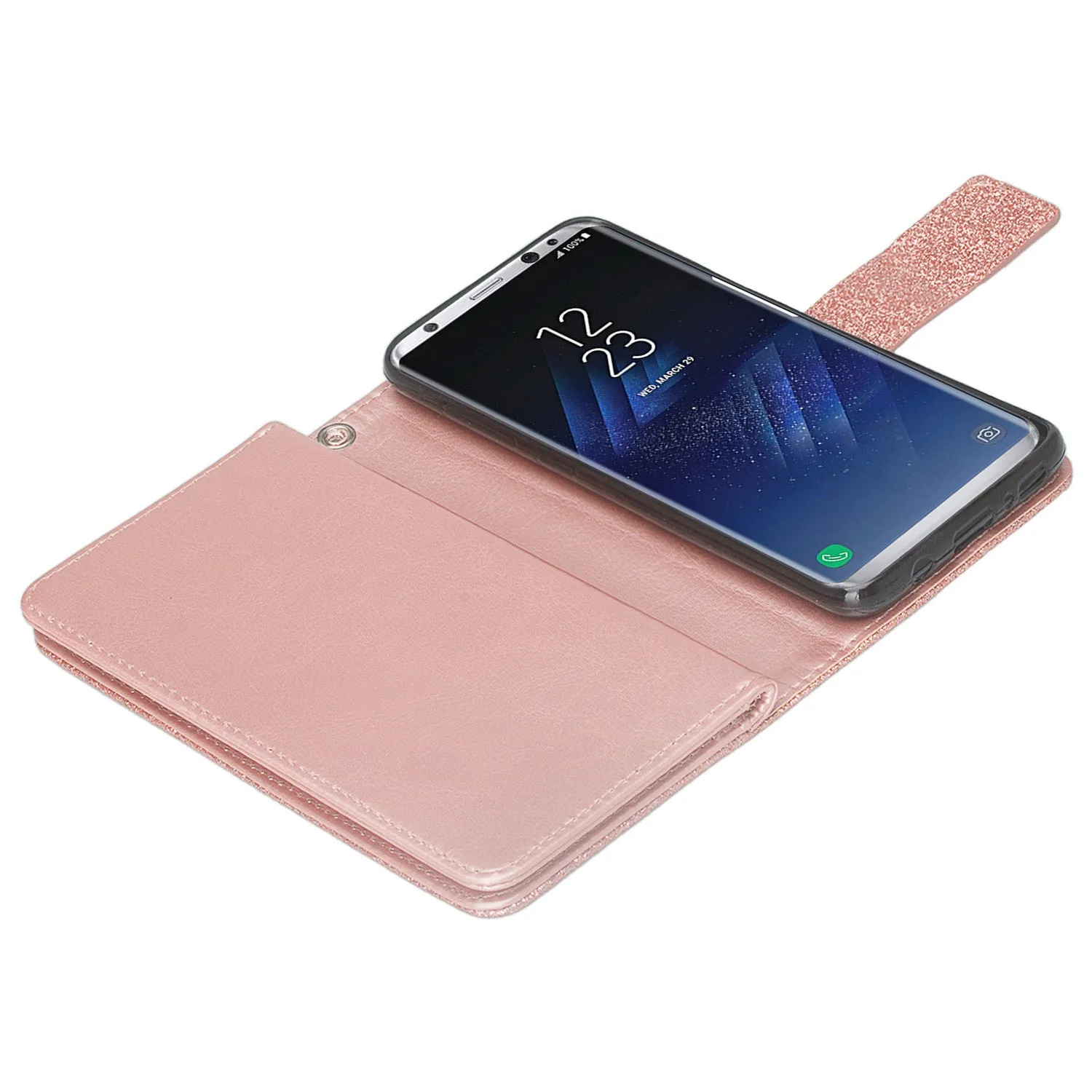 Galaxy S8 Plus Case, Samsung Galaxy S8 Plus Case, Glitter Faux Leather Flip Credit Card Holder Wrist Strap Shockproof Protective Wallet Case Clutch for Samsung Galaxy S8 Plus - Rose Gold