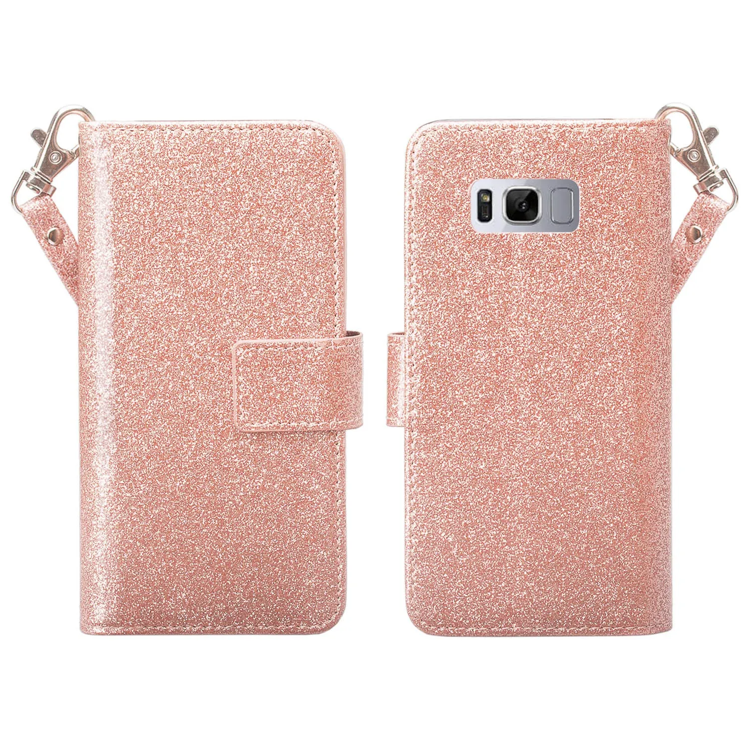 Galaxy S8 Plus Case, Samsung Galaxy S8 Plus Case, Glitter Faux Leather Flip Credit Card Holder Wrist Strap Shockproof Protective Wallet Case Clutch for Samsung Galaxy S8 Plus - Rose Gold