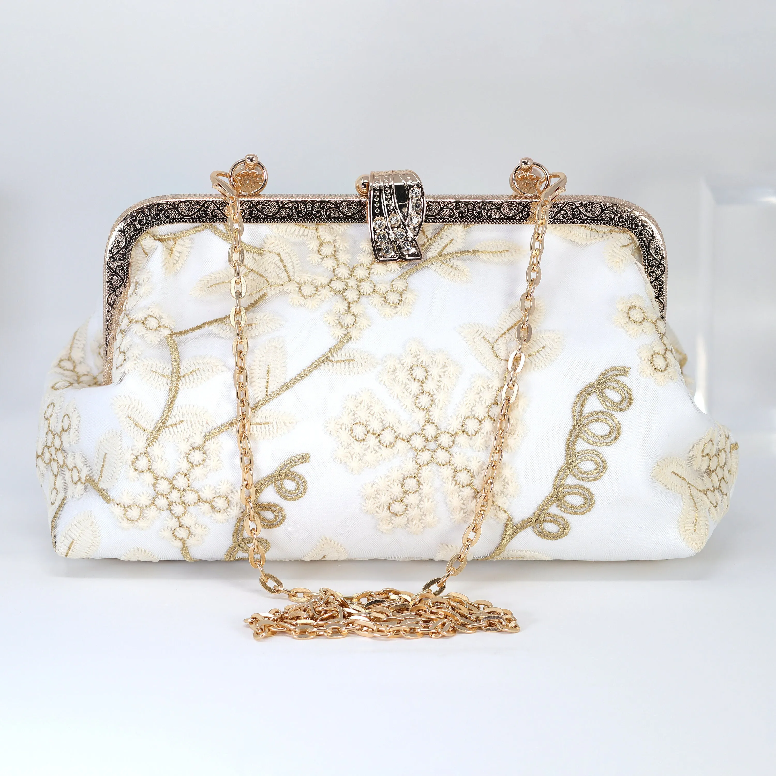 Gold White Lace Beige Embroidered Floral Wedding Clutch, Statement Bag, Evening Clutch, Wedding Clutch, Bridal Clutch, Cross Body Bag