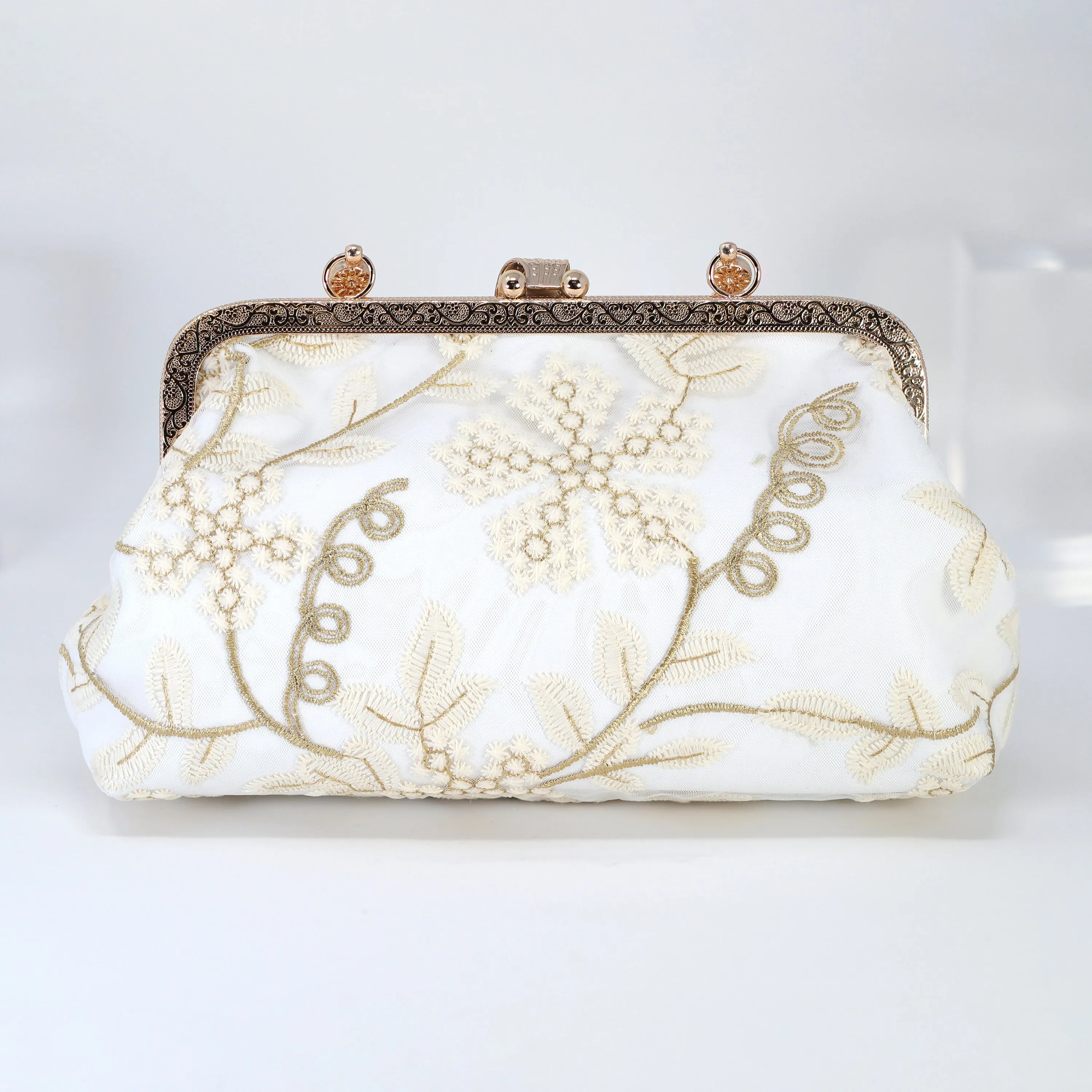 Gold White Lace Beige Embroidered Floral Wedding Clutch, Statement Bag, Evening Clutch, Wedding Clutch, Bridal Clutch, Cross Body Bag