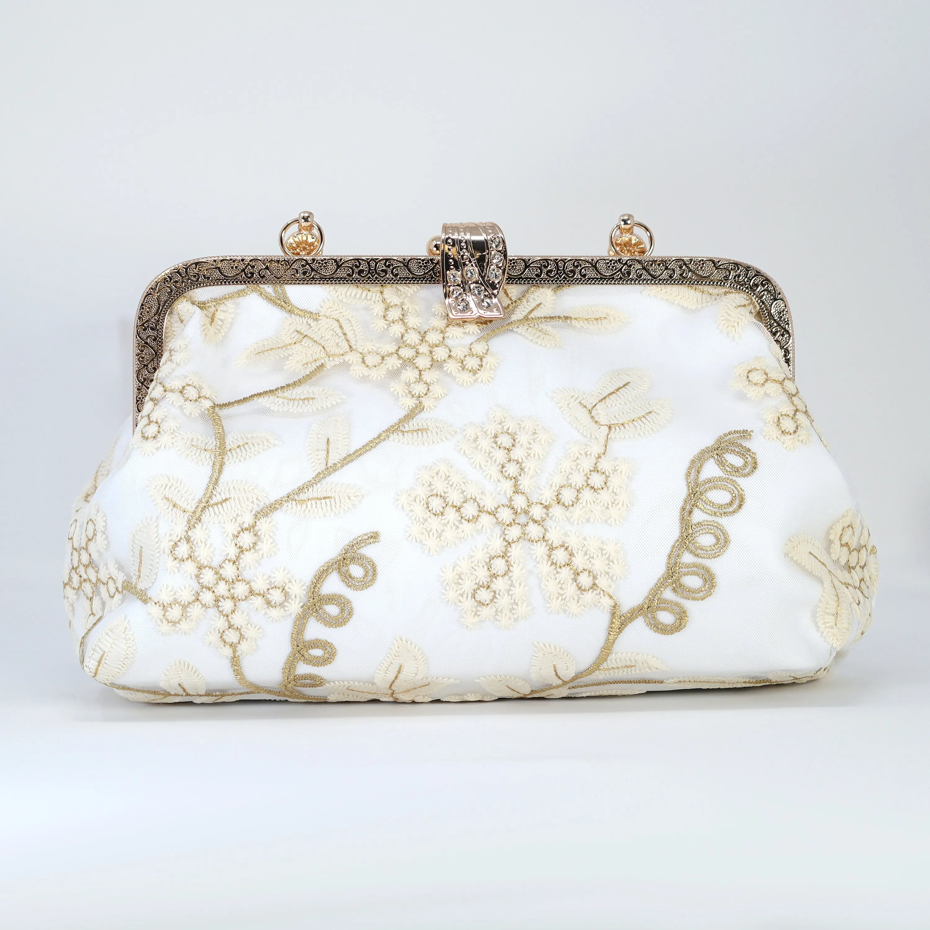 Gold White Lace Beige Embroidered Floral Wedding Clutch, Statement Bag, Evening Clutch, Wedding Clutch, Bridal Clutch, Cross Body Bag