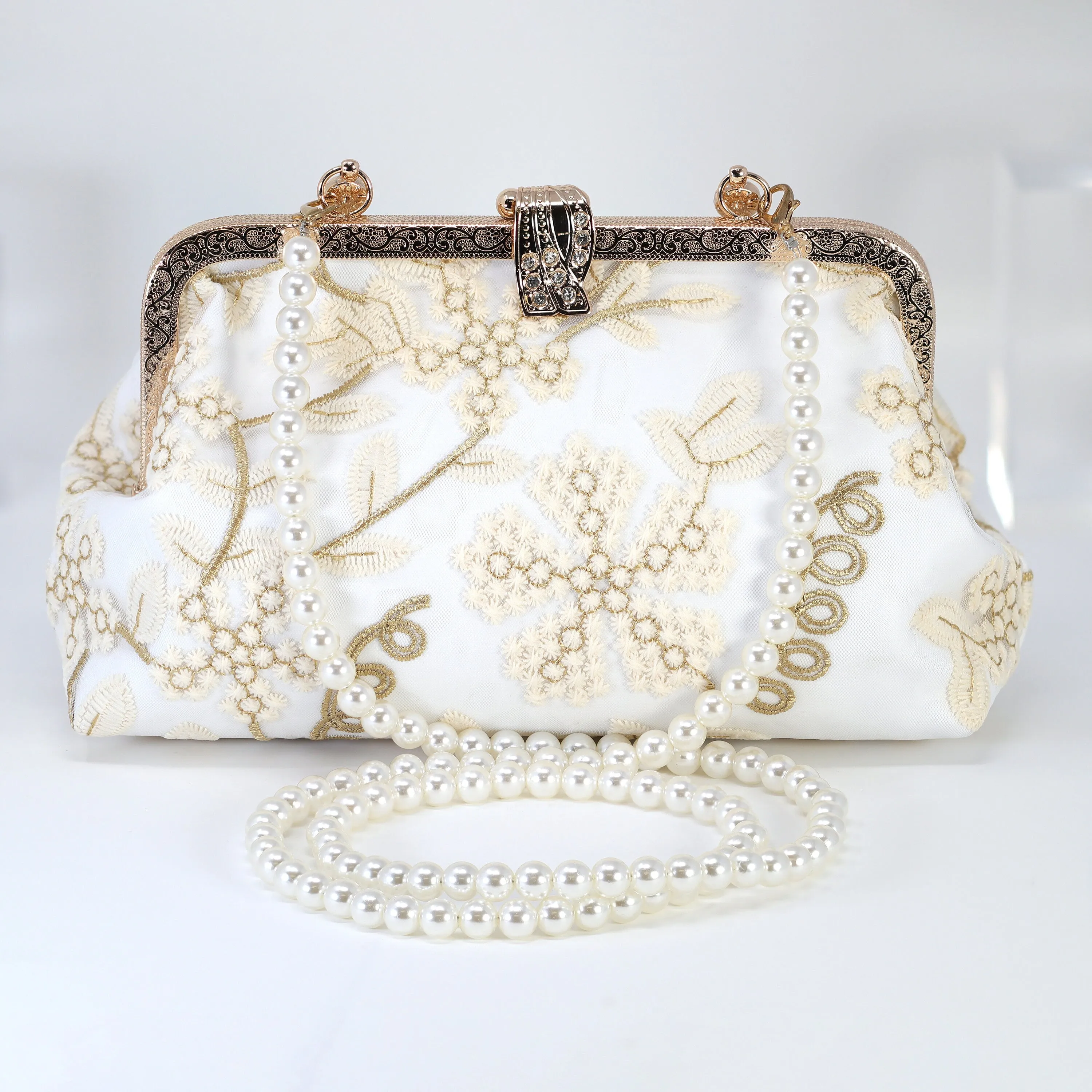 Gold White Lace Beige Embroidered Floral Wedding Clutch, Statement Bag, Evening Clutch, Wedding Clutch, Bridal Clutch, Cross Body Bag