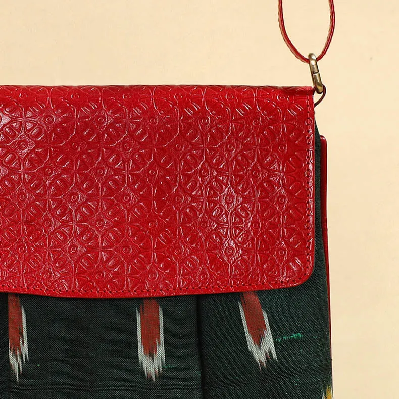 Green - Handcrafted Ikat Fabric Sling Bag with Embossed Leather Flap