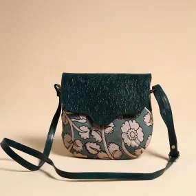 Green - Handcrafted Kalamkari Printed Sling Bag with Embossed Leather Flap