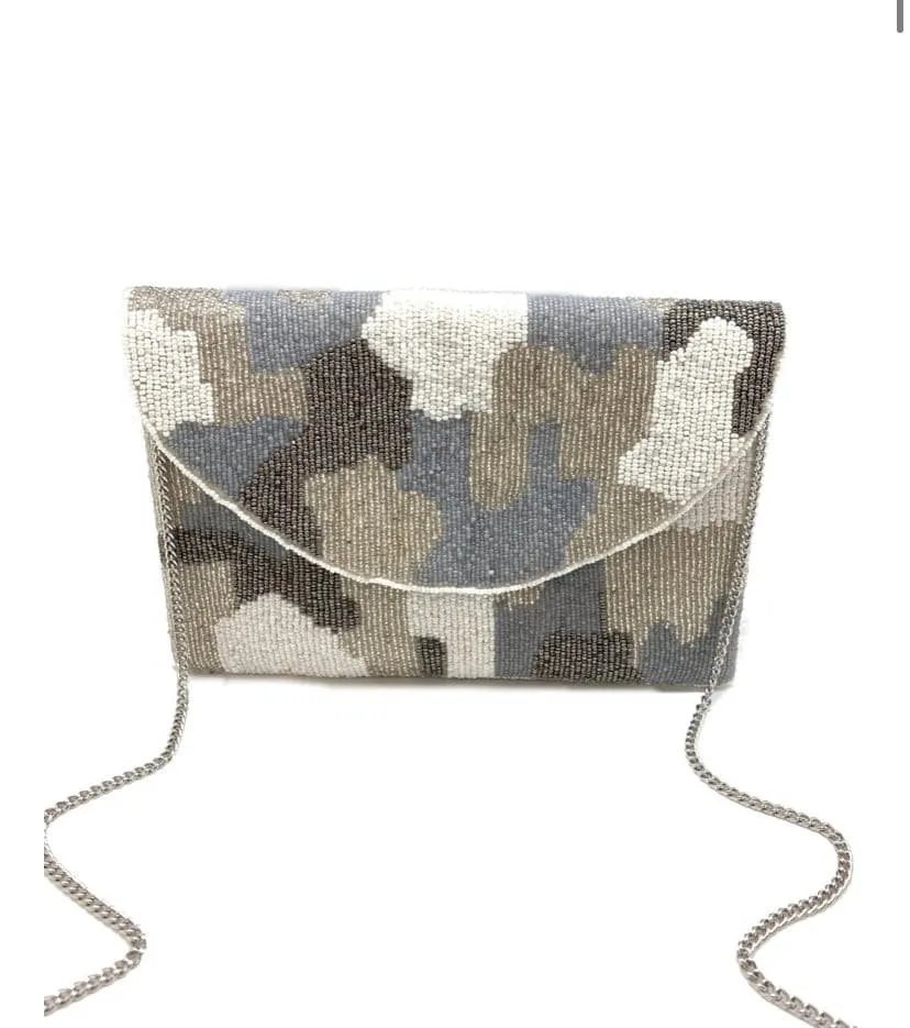 Grey Camo Beaded Clutch