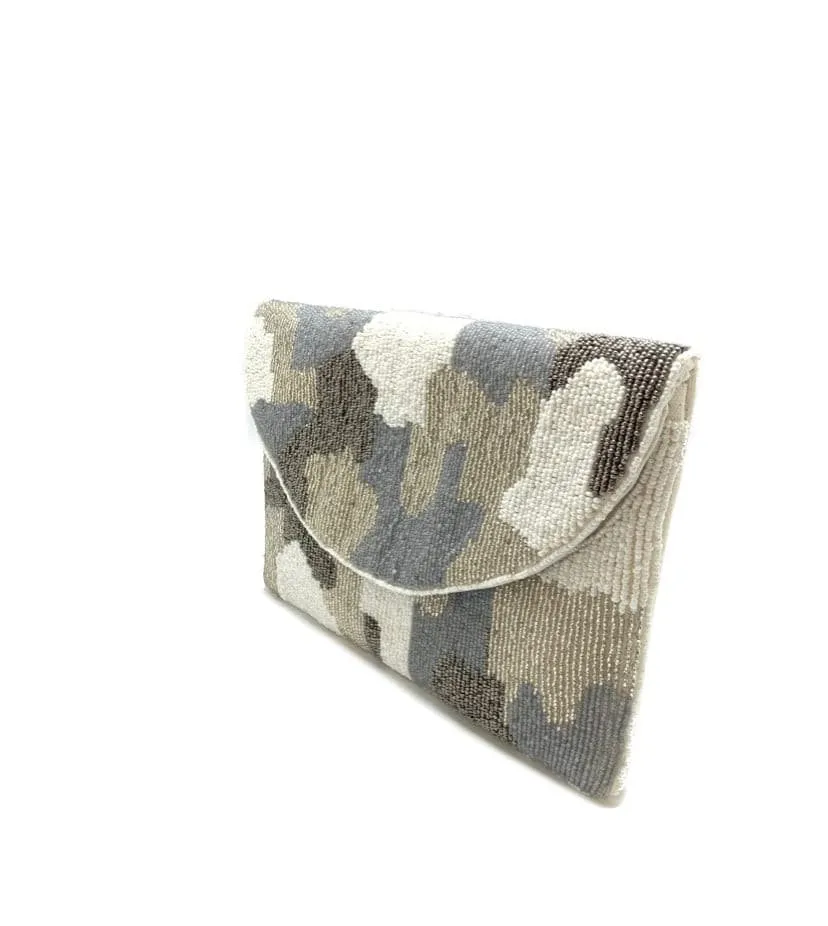 Grey Camo Beaded Clutch