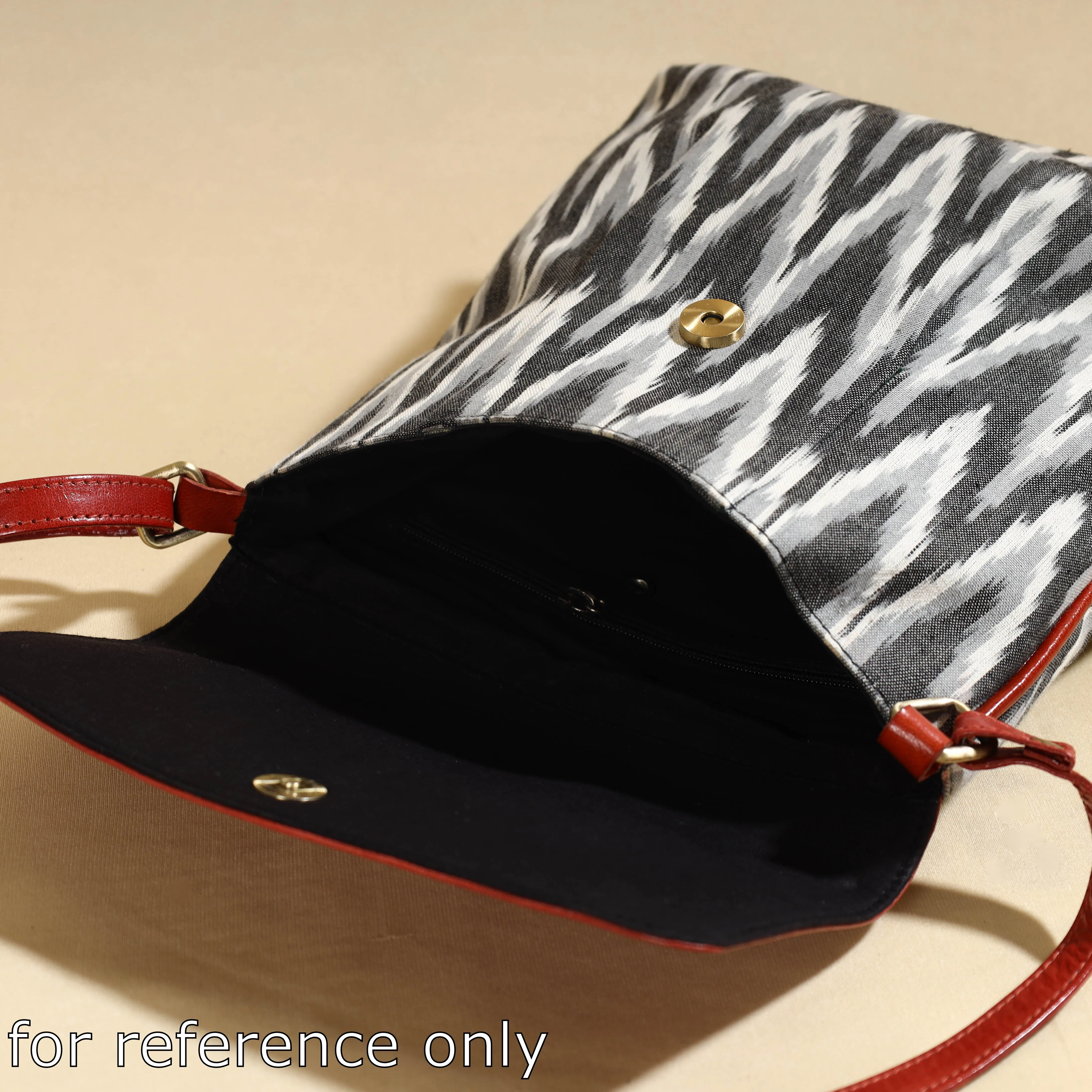 Grey - Handcrafted Ikat Fabric Sling Bag with Embossed Leather Flap