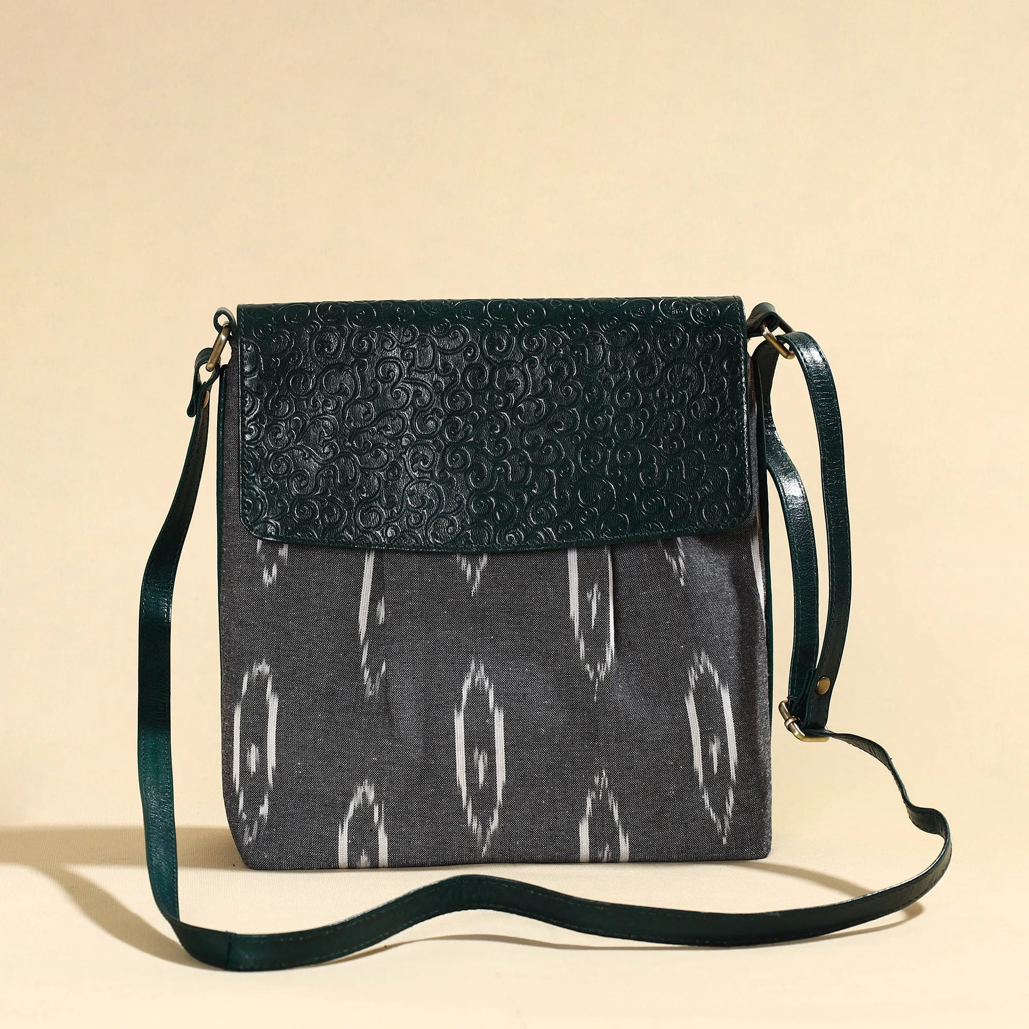 Grey - Handcrafted Ikat Fabric Sling Bag with Embossed Leather Flap