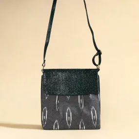 Grey - Handcrafted Ikat Fabric Sling Bag with Embossed Leather Flap