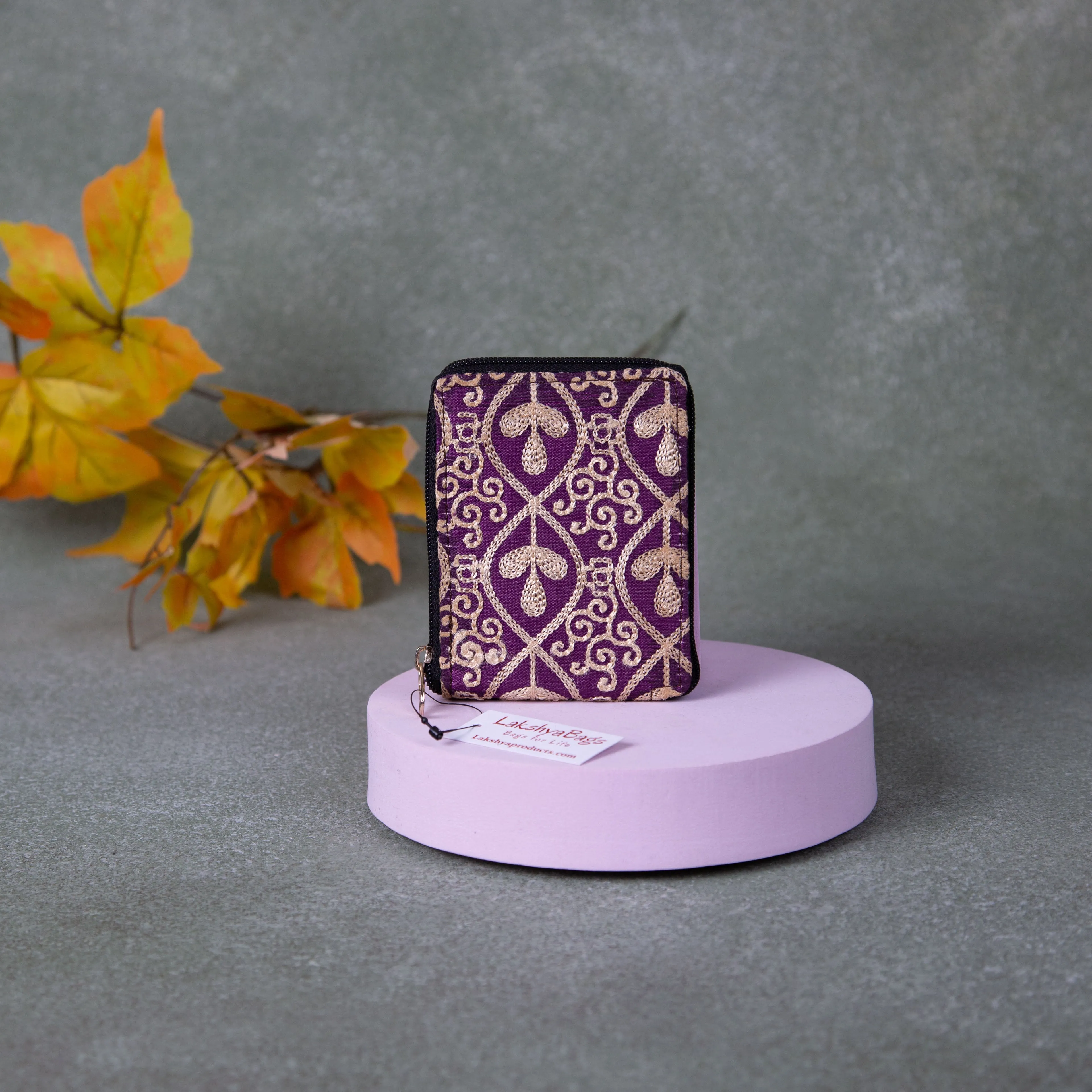 Handmade Wallets - Embroidery Mini Violet Colour with Golden Prints.