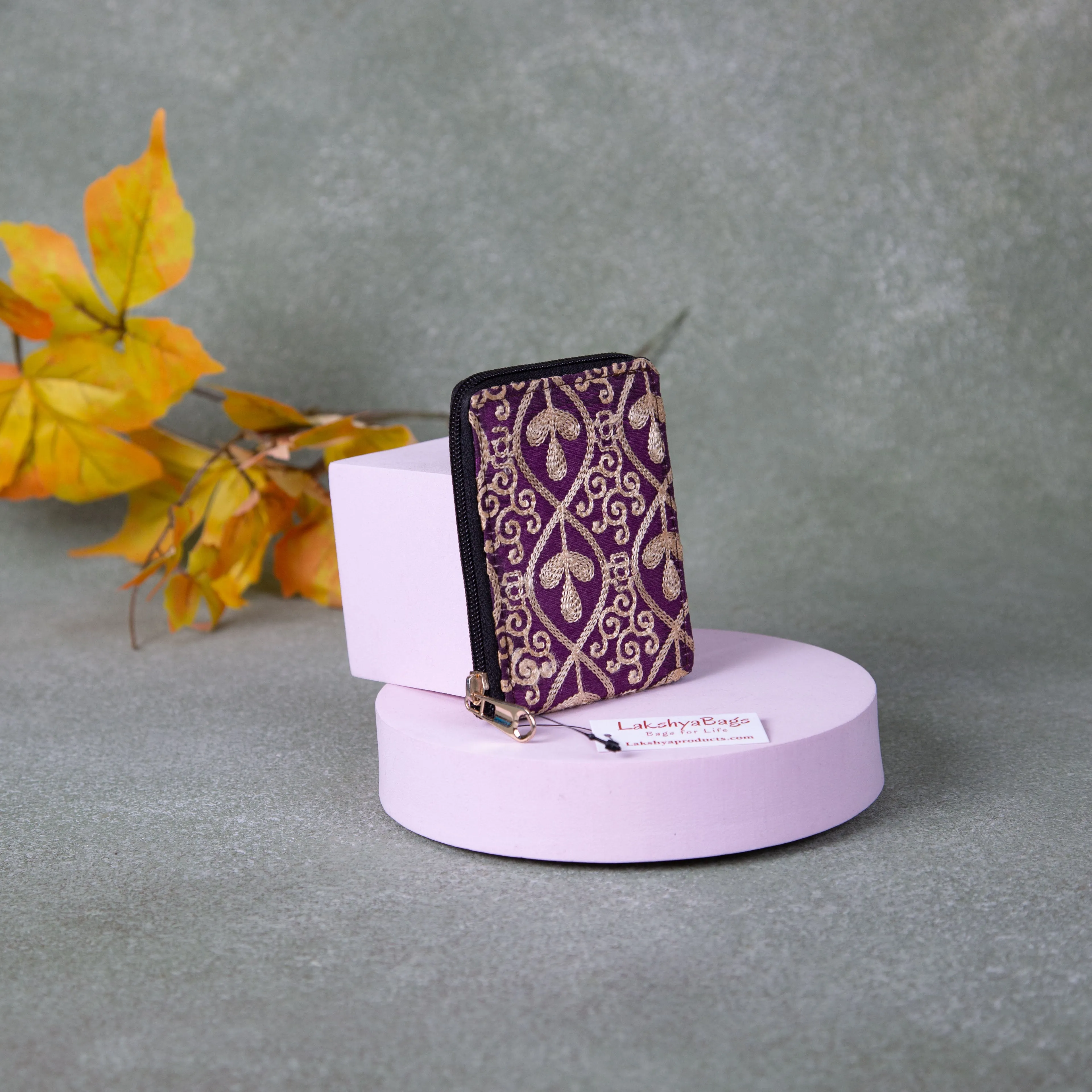 Handmade Wallets - Embroidery Mini Violet Colour with Golden Prints.