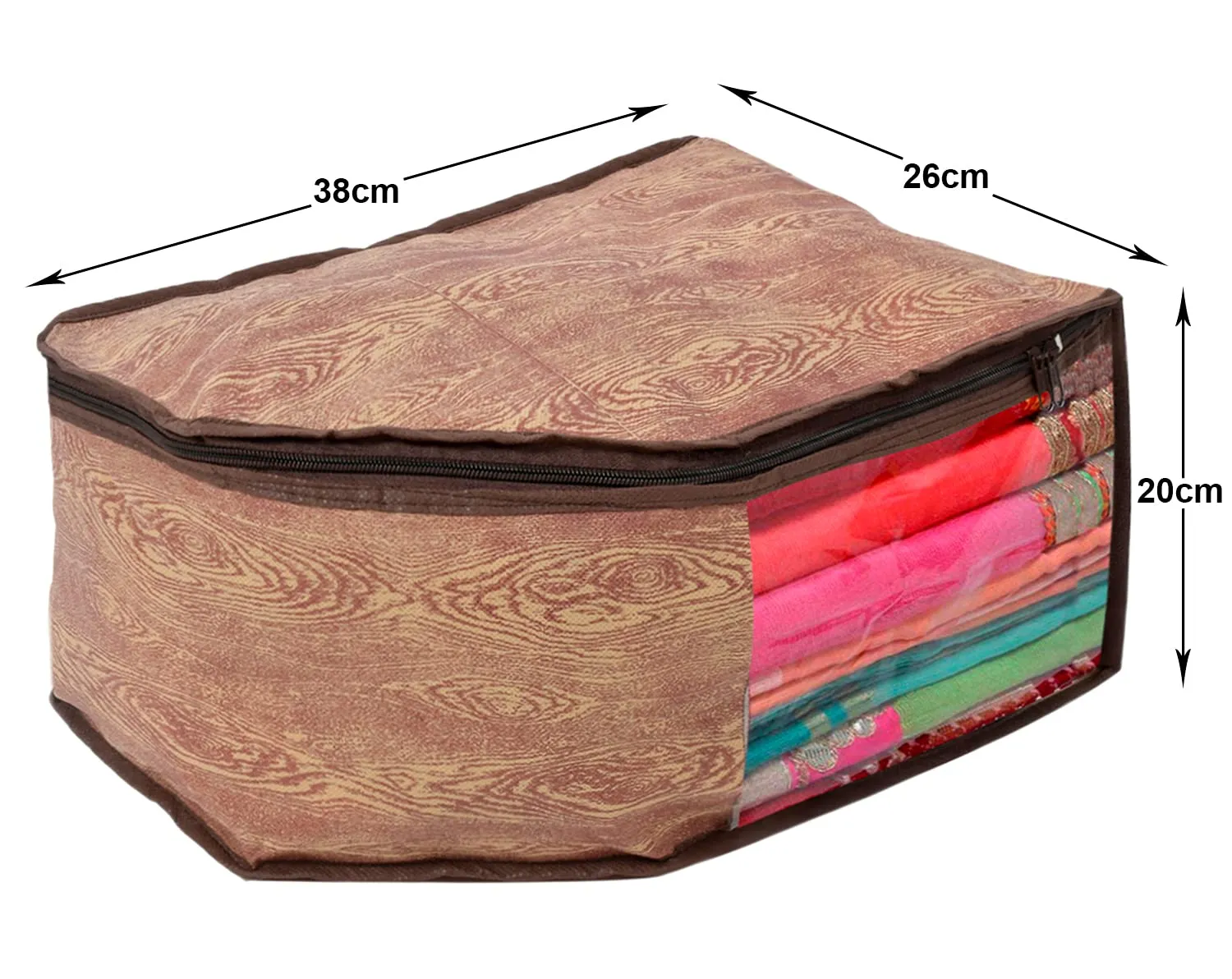 Heart Home Wooden Printed Non-Woven Blouse Cover Wardrobe Organiser Clothes Storage Bag With Front Window- Pack of 4 (Brown)-44HH0540