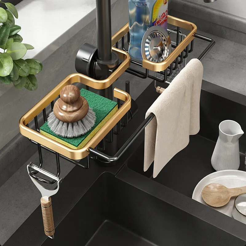 Kitchen Space Aluminum Sink Drain Rack Sponge Storage Faucet Holder Soap Drainer Shelf Basket Organizer Bathroom Accessories