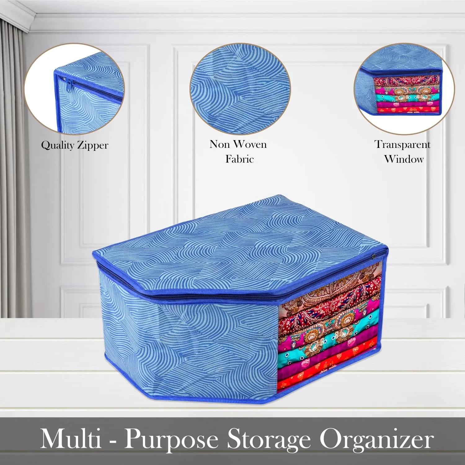 Kuber Industries Blouse Cover | Clothes Storage Bag | Zipper Wardrobe Organizers | Non-Woven Clothes Organiser | Side Transparent Blouse Organizer | Lahariya-Design | Pack of 6 | Blue