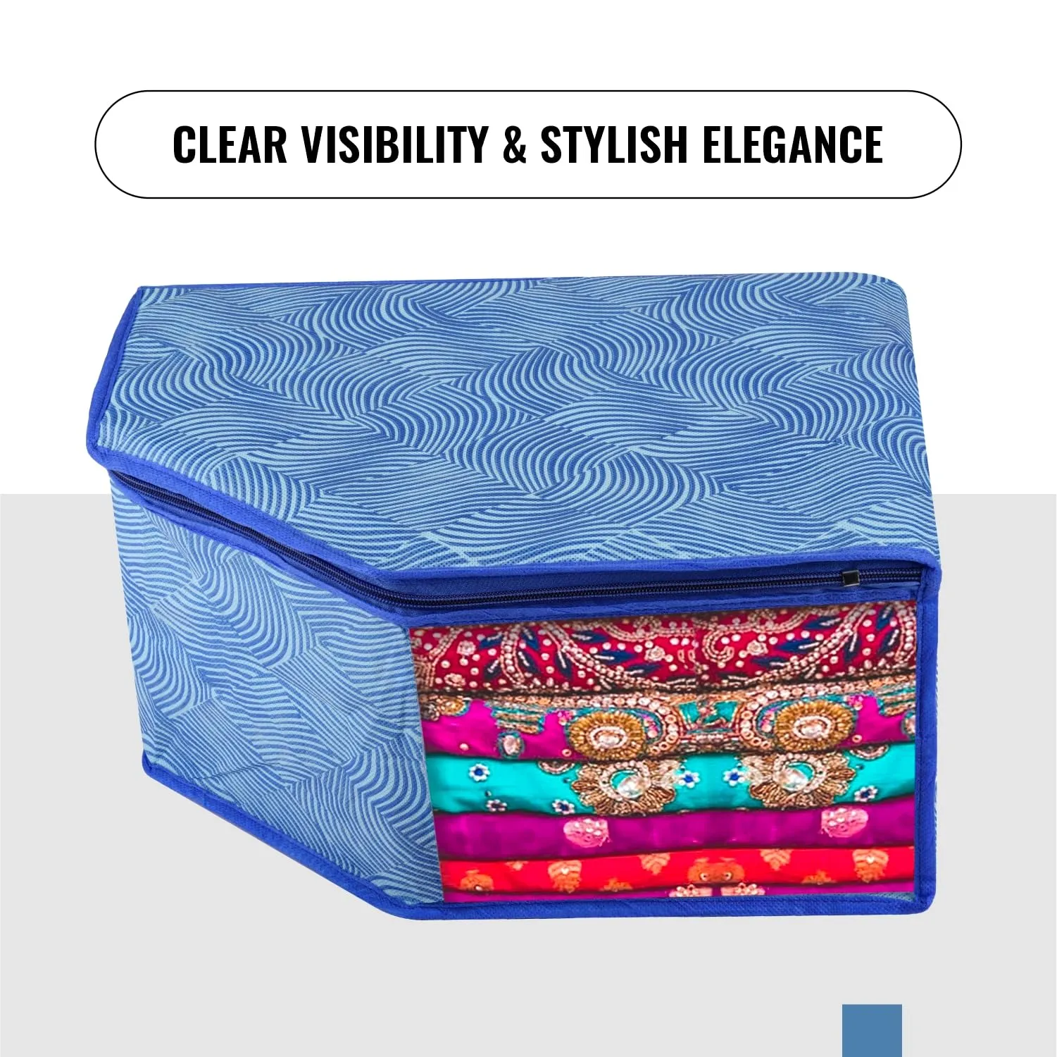 Kuber Industries Blouse Cover | Clothes Storage Bag | Zipper Wardrobe Organizers | Non-Woven Clothes Organiser | Side Transparent Blouse Organizer | Lahariya-Design | Pack of 6 | Blue