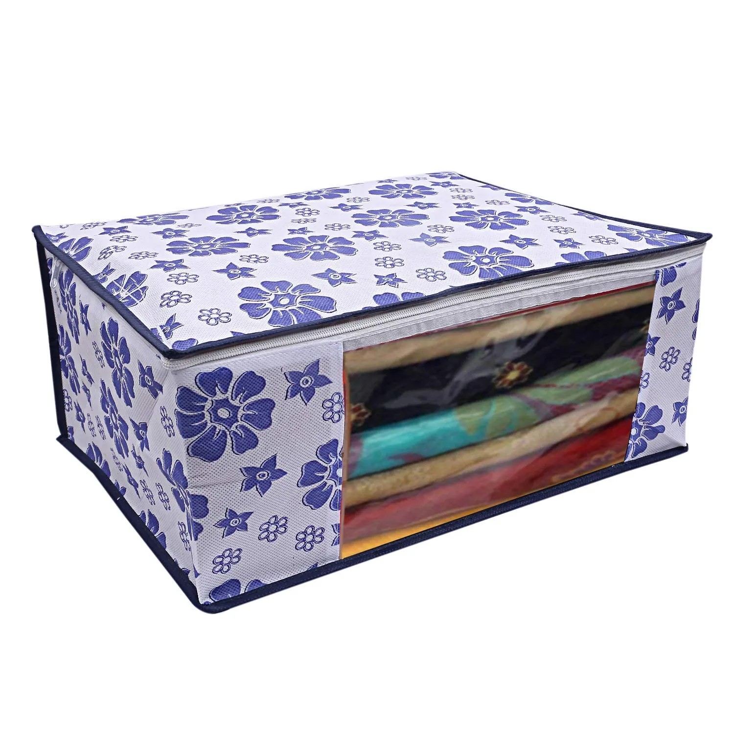 Kuber Industries Flower Printed 3 Piece Non Woven Saree Cover and 3 Pieces Underbed Storage Bag, Storage Organiser, Blanket Cover, Pink & Blue & Ivory Red -CTKTC42407