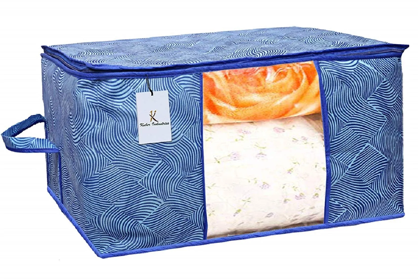 Kuber Industries Leheriya Printed 2 Piece Non Woven Fabric Underbed Storage Bag,Cloth Organiser,Blanket Cover with Transparent Window, Orange & Blue -CTKTC041069