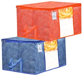 Kuber Industries Leheriya Printed 2 Piece Non Woven Fabric Underbed Storage Bag,Cloth Organiser,Blanket Cover with Transparent Window, Orange & Blue -CTKTC041069