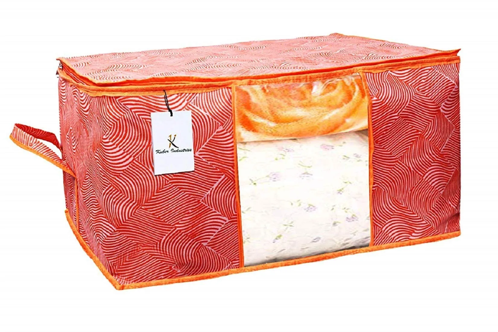 Kuber Industries Leheriya Printed 2 Piece Non Woven Fabric Underbed Storage Bag,Cloth Organiser,Blanket Cover with Transparent Window, Orange & Blue -CTKTC041069