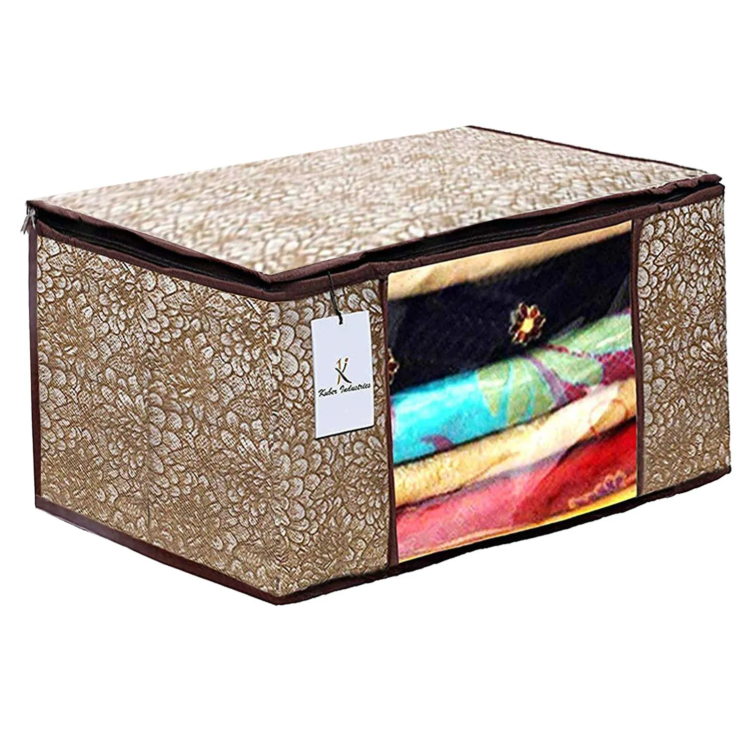 Kuber Industries Metalic Printed 4 Piece Non Woven Saree Cover and 4 Pieces Underbed Storage Bag, Storage Organiser, Blanket Cover, Golden Brown & Red -CTKTC42427