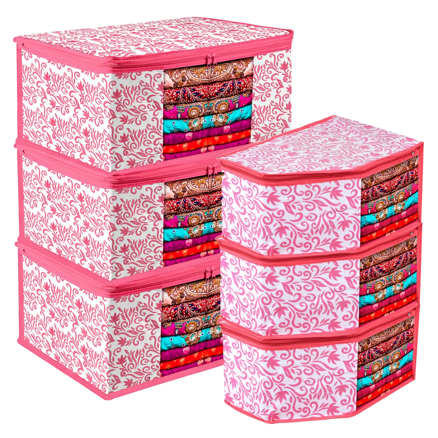 Kuber Industries Saree Cover & Blouse Cover Set | Saree & Blouse Organizer Combo Set | 3 Pieces Blouse & 3 Pieces Saree Cover Set | Zipper Closure | Leaf-Design | Set of 6 | Pink