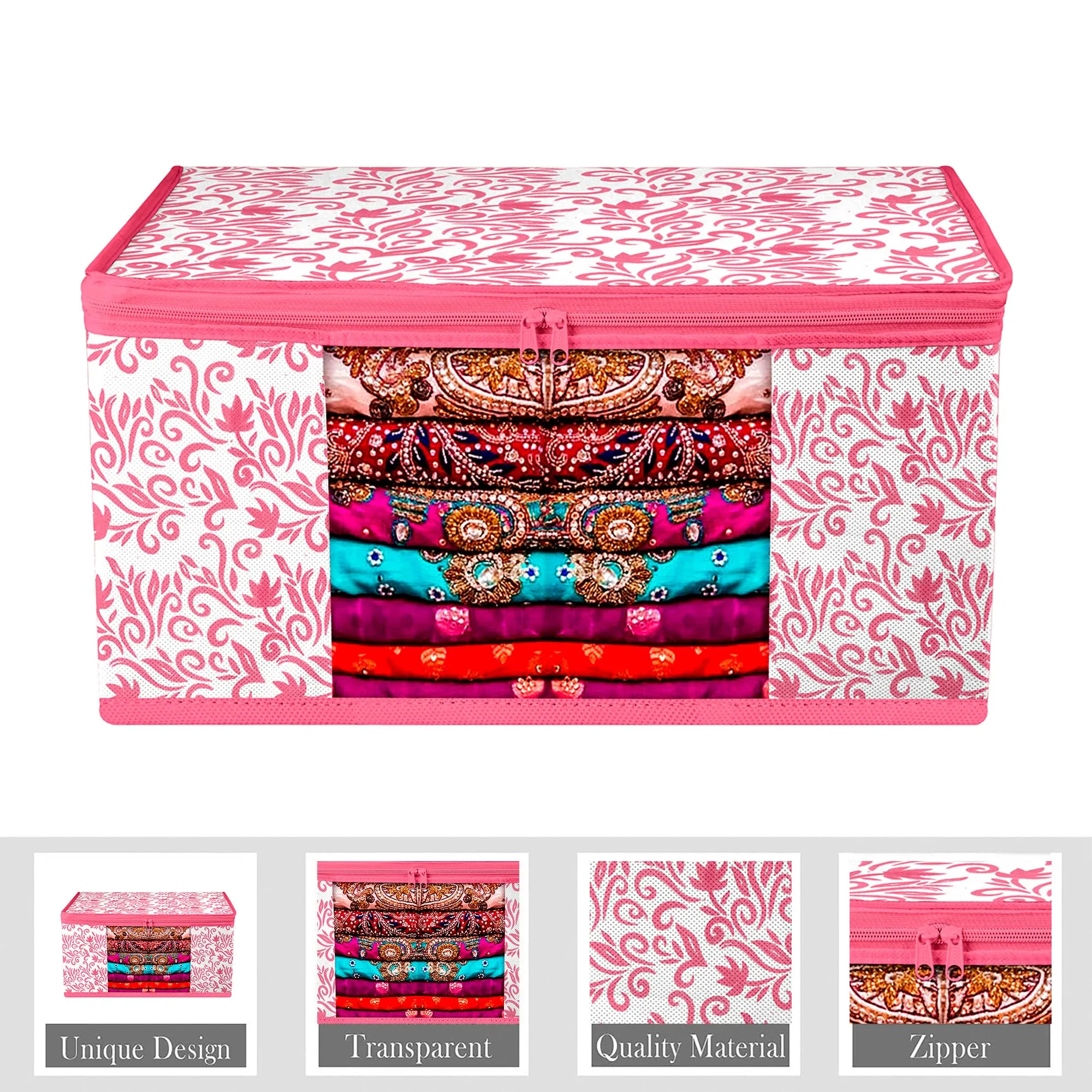 Kuber Industries Saree Cover & Blouse Cover Set | Saree & Blouse Organizer Combo Set | 3 Pieces Blouse & 3 Pieces Saree Cover Set | Zipper Closure | Leaf-Design | Set of 6 | Pink