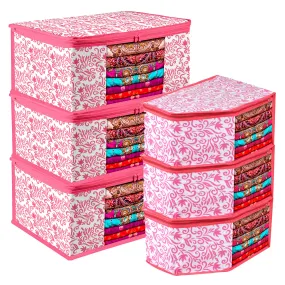 Kuber Industries Saree Cover & Blouse Cover Set | Saree & Blouse Organizer Combo Set | 3 Pieces Blouse & 3 Pieces Saree Cover Set | Zipper Closure | Leaf-Design | Set of 6 | Pink