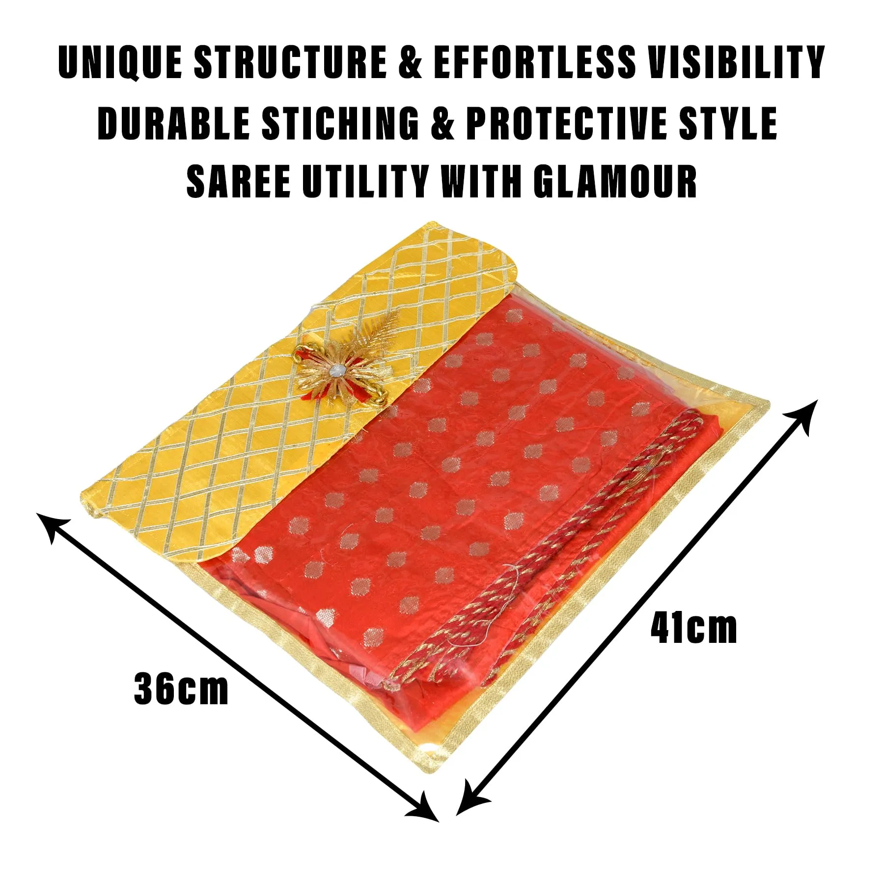 Kuber Industries Saree Cover | Clothes Storage Bag | Single Packing Saree with Velcro | Wardrobe Organizer | Cloth Stoarge Organizer | Check Jama Brooch-Design | Pack of 6 | Yellow