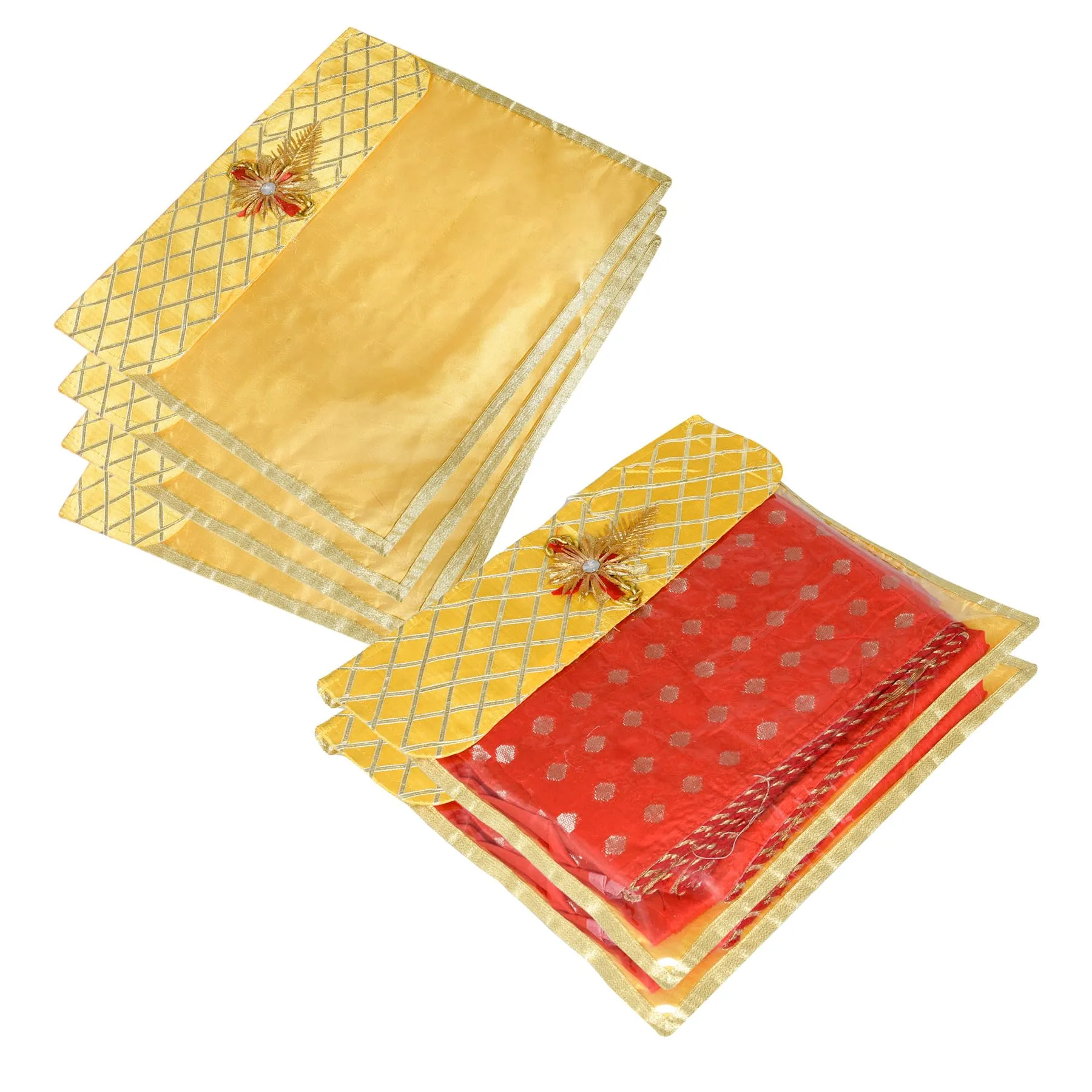 Kuber Industries Saree Cover | Clothes Storage Bag | Single Packing Saree with Velcro | Wardrobe Organizer | Cloth Stoarge Organizer | Check Jama Brooch-Design | Pack of 6 | Yellow