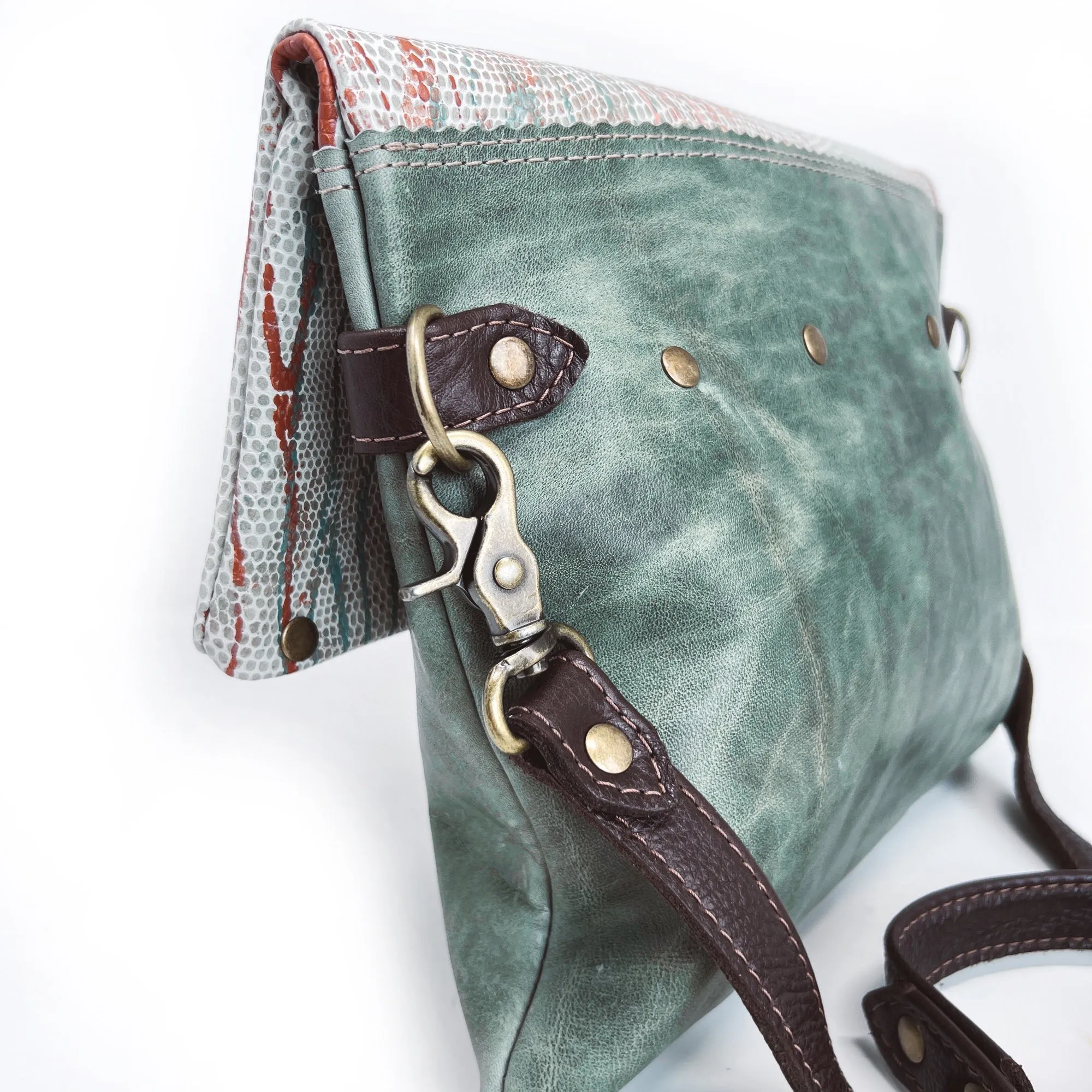 Large Leather Foldover Crossbody Bag - Distressed Sage Green Leather With Hand Painted Terra Cotta & Peach Top