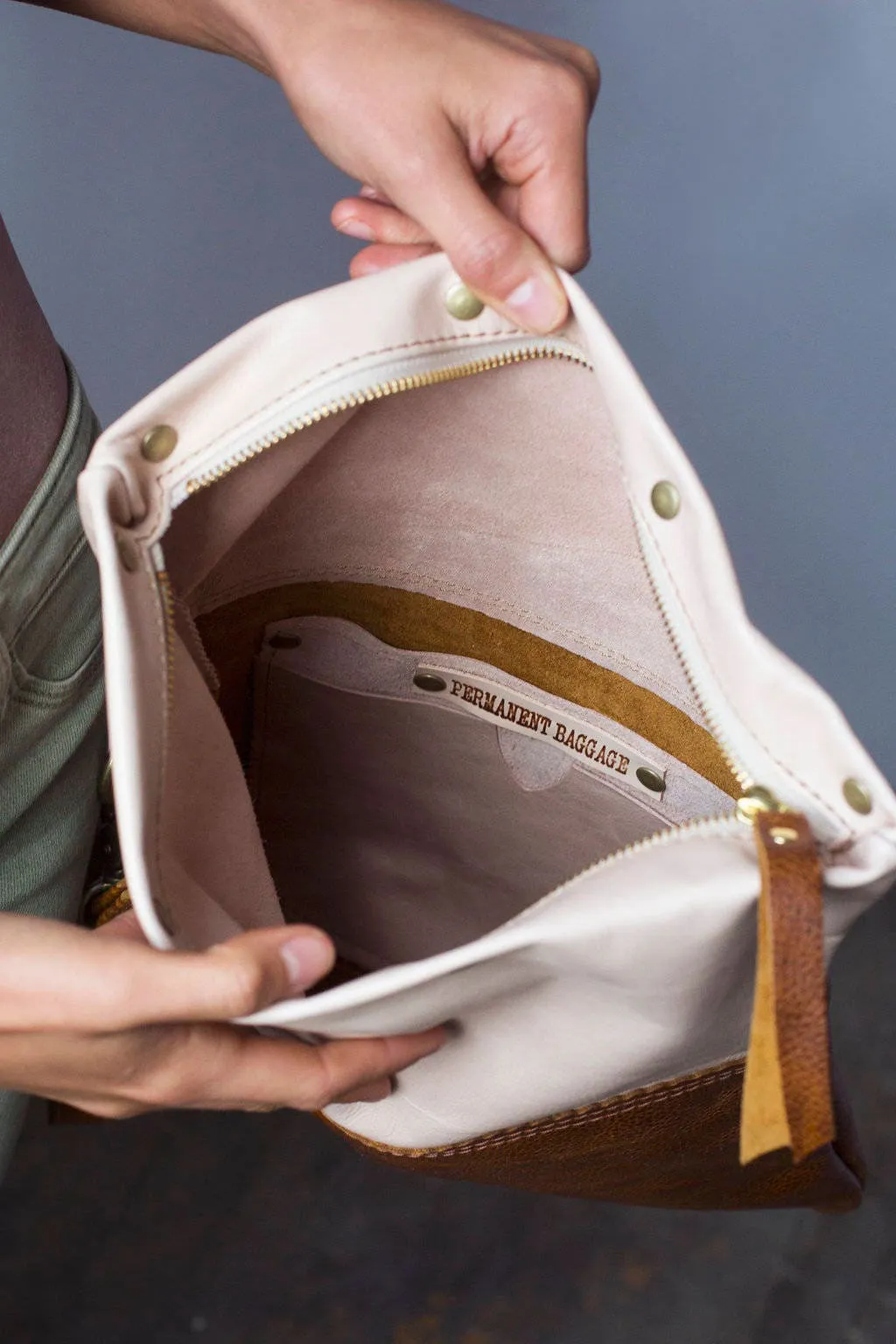 Large Leather Foldover Crossbody Bag - Distressed Sage Green Leather With Hand Painted Terra Cotta & Peach Top