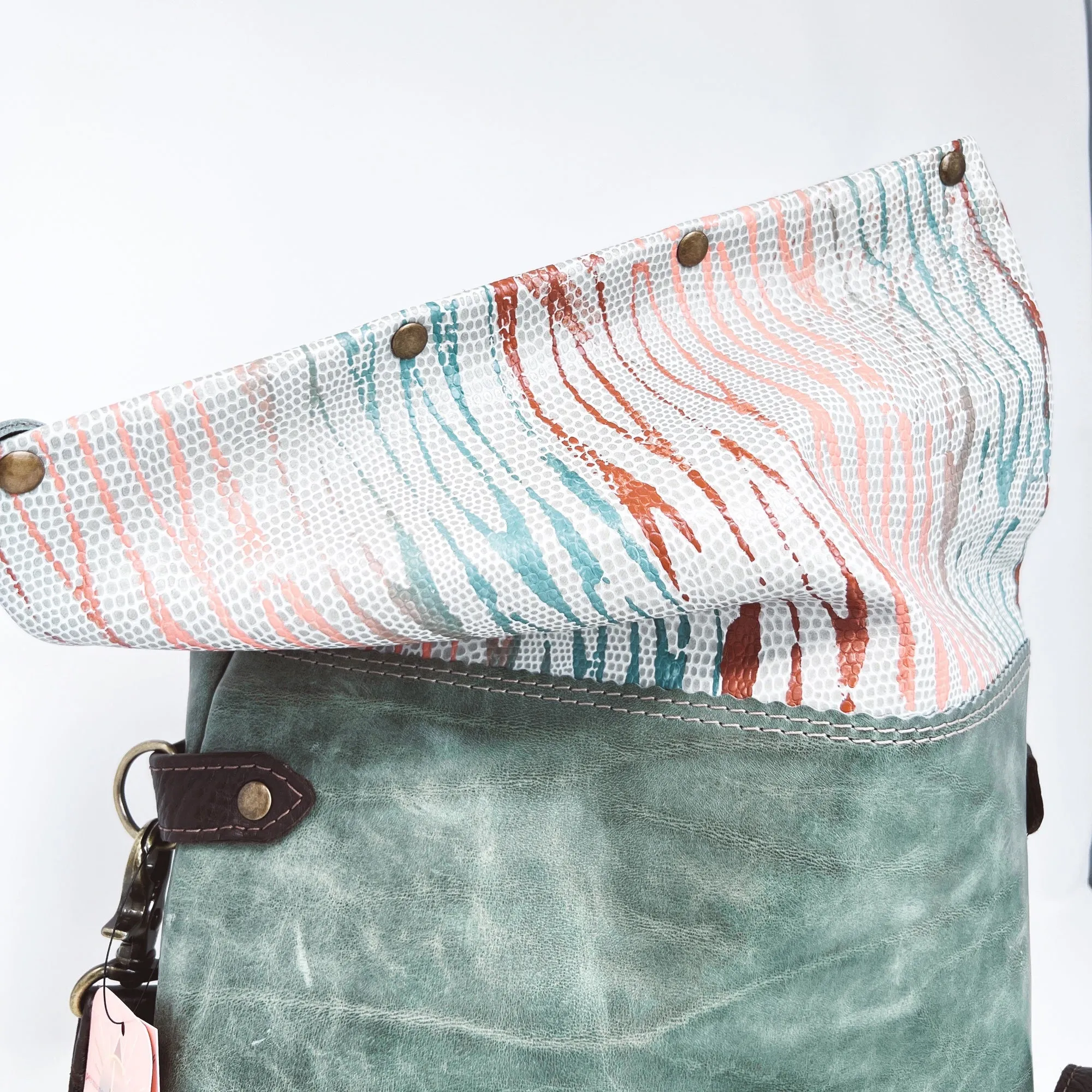 Large Leather Foldover Crossbody Bag - Distressed Sage Green Leather With Hand Painted Terra Cotta & Peach Top