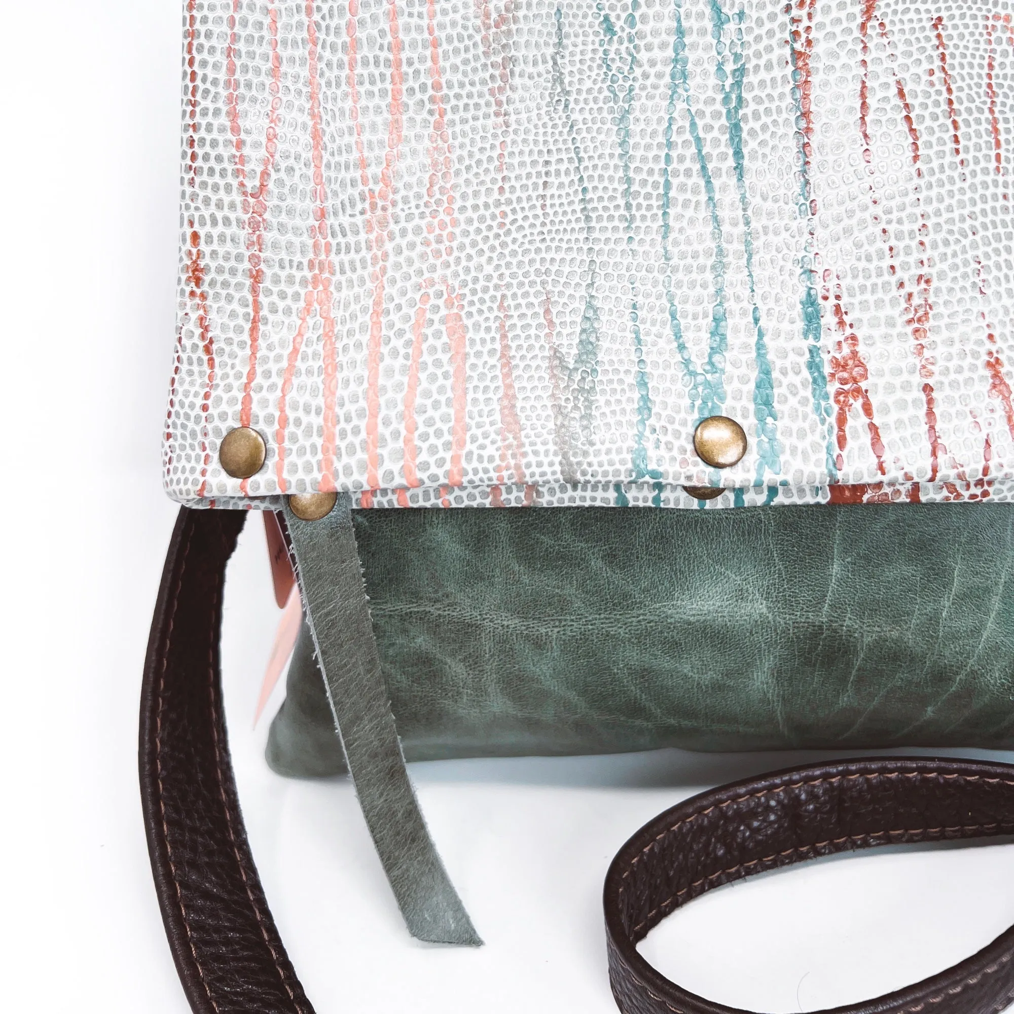 Large Leather Foldover Crossbody Bag - Distressed Sage Green Leather With Hand Painted Terra Cotta & Peach Top