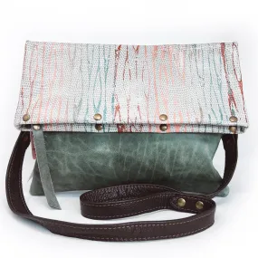 Large Leather Foldover Crossbody Bag - Distressed Sage Green Leather With Hand Painted Terra Cotta & Peach Top