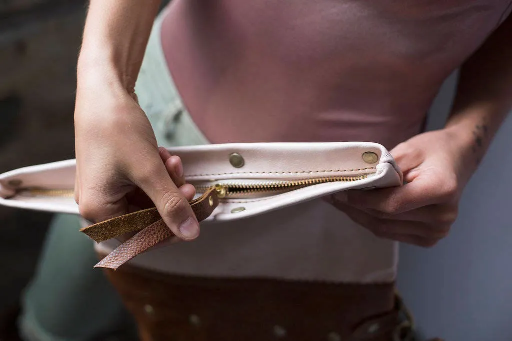 Large Leather Foldover Crossbody Bag - Distressed Sage Green Leather With Hand Painted Terra Cotta & Peach Top