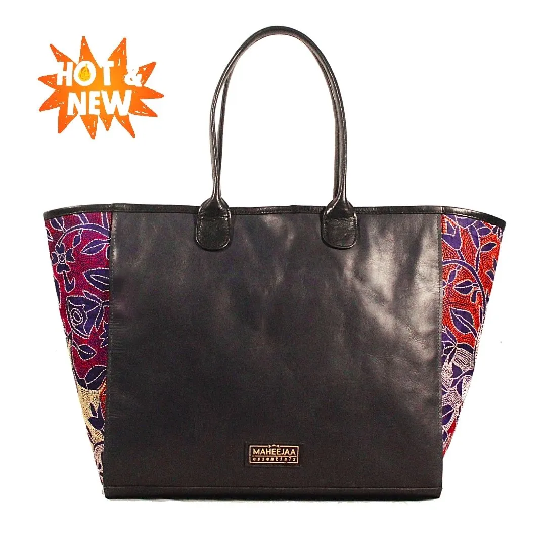 Large Tote Black Blue - Genuine Leather Embroidery