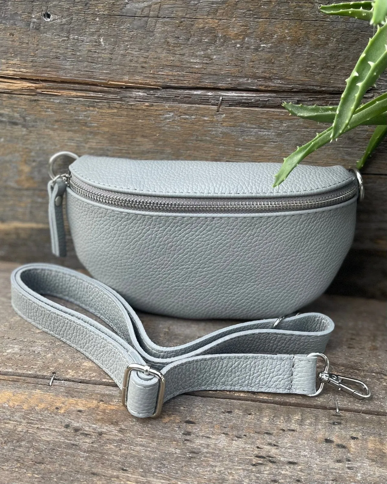 Leather Belt Bag - Pale Grey With Silver Finishings