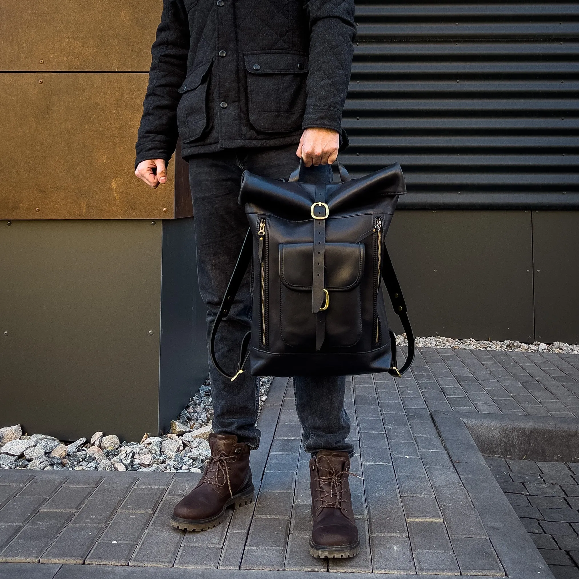 Leather black rolltop backpack, Personalized Leather Backpack for Men, Leather Backpack Gifts, Leather Travel Bag, Custom Leather Bag Gifts