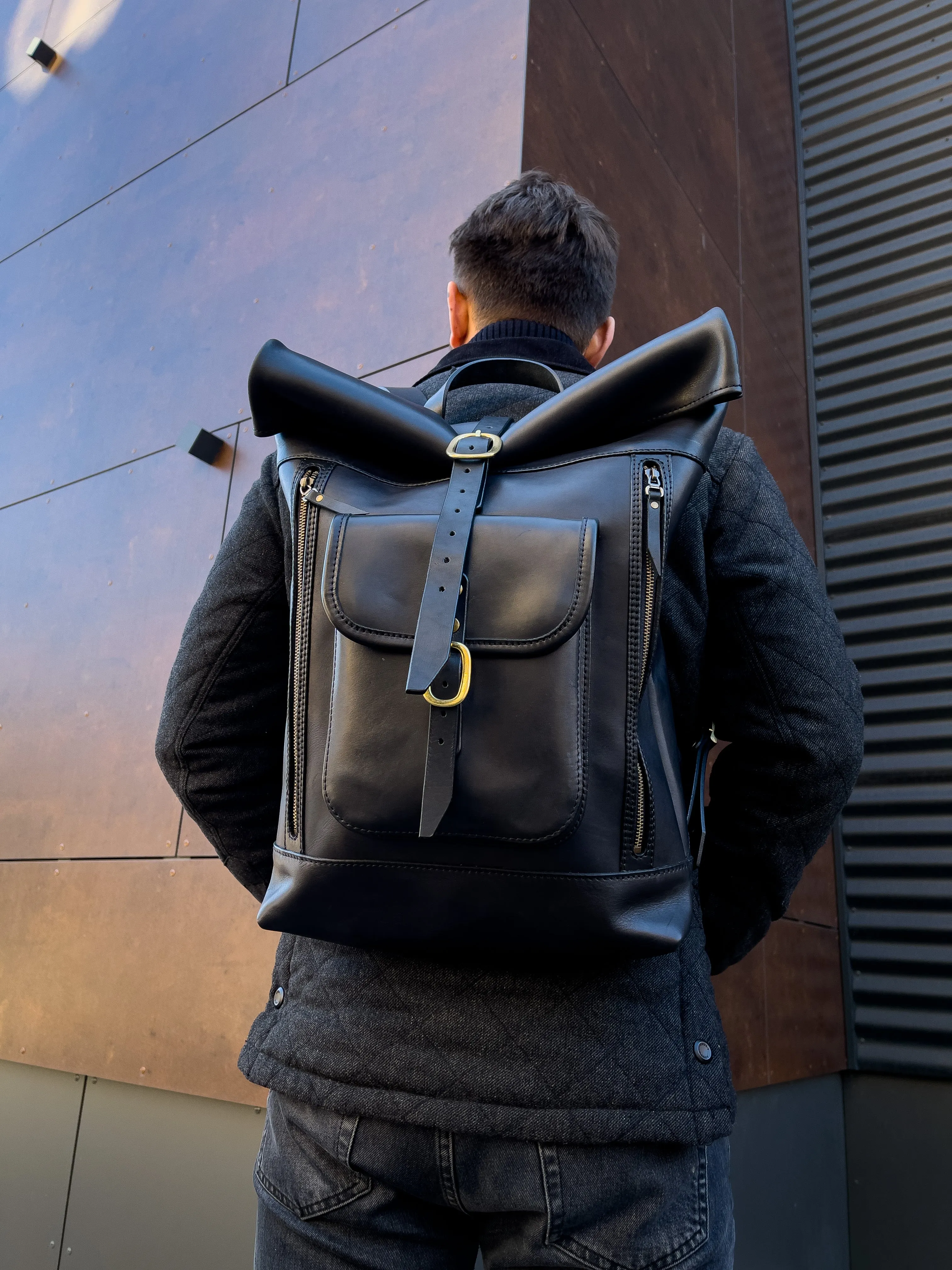 Leather black rolltop backpack, Personalized Leather Backpack for Men, Leather Backpack Gifts, Leather Travel Bag, Custom Leather Bag Gifts