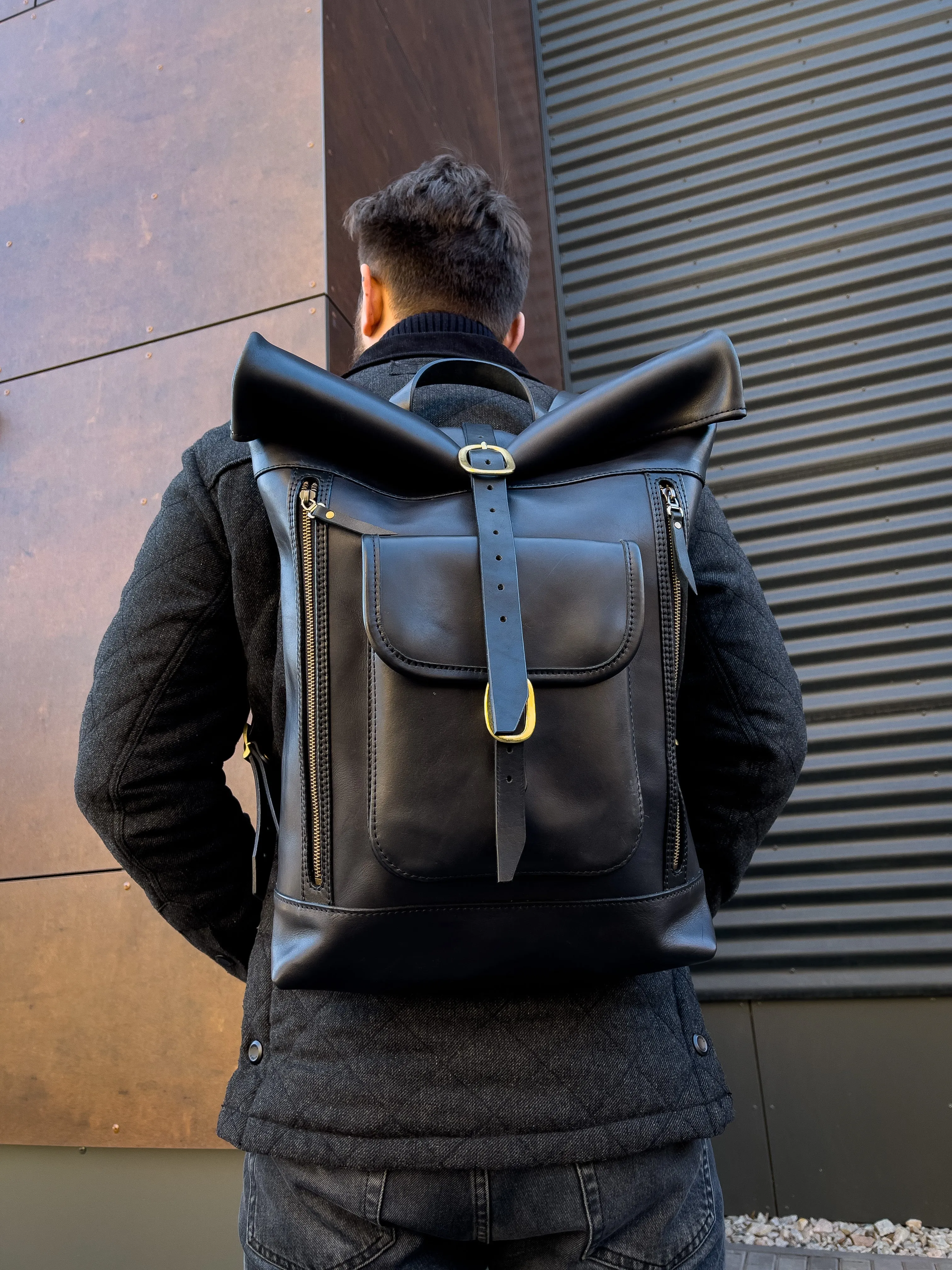 Leather black rolltop backpack, Personalized Leather Backpack for Men, Leather Backpack Gifts, Leather Travel Bag, Custom Leather Bag Gifts