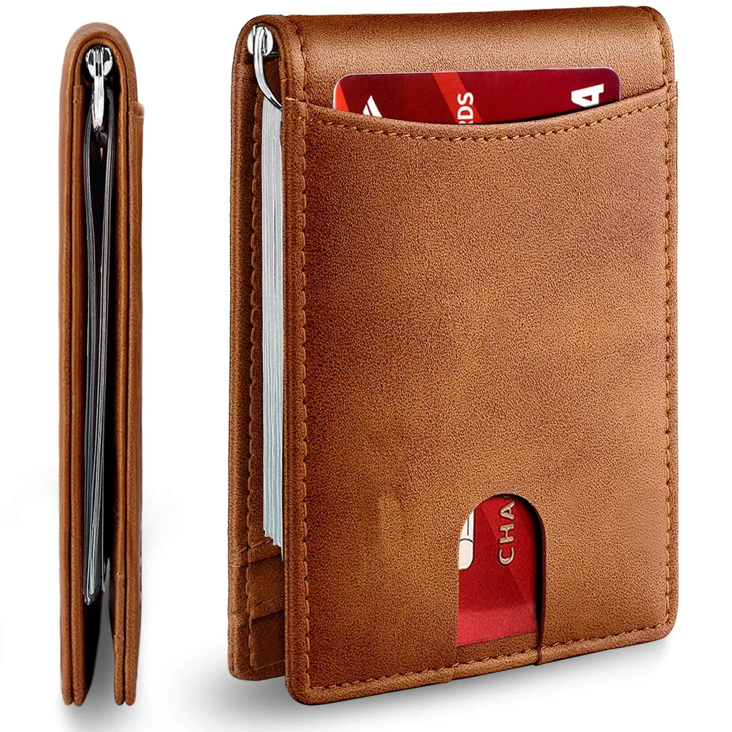 Leather Slim Wallet for Men with Money Credit Card Clip RFID Blocking Card Holder