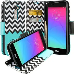 LG K7, LG Tribute 5, LG Treasure Wallet Case, Wrist Strap [Kickstand] Pu Leather Wallet Case with ID & Credit Card Slots - Teal Chevron