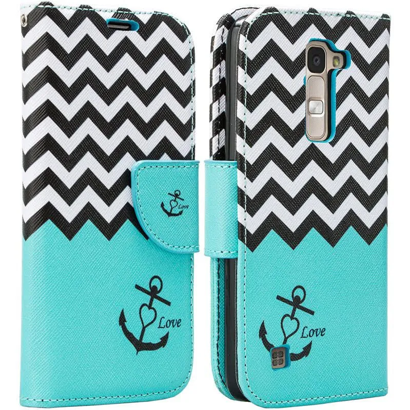 LG K7, LG Tribute 5, LG Treasure Wallet Case, Wrist Strap [Kickstand] Pu Leather Wallet Case with ID & Credit Card Slots - Teal Chevron