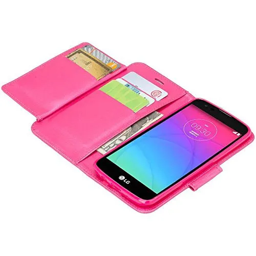 LG K7 | Tribute 5 | Treasure Case, Double Fold Wallet Case, Wrist Strap Flip Folio [Kickstand Feature] Pu Leather Wallet Case with ID & Credit Card Slots & Pocket - Hot Pink