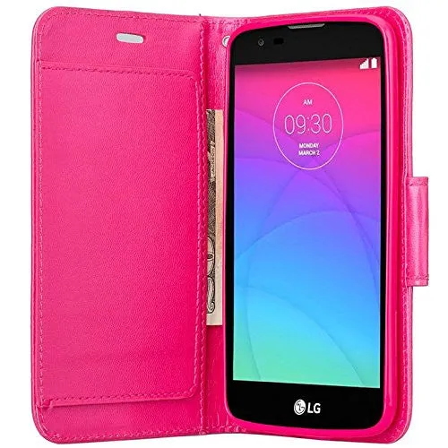 LG K7 | Tribute 5 | Treasure Case, Double Fold Wallet Case, Wrist Strap Flip Folio [Kickstand Feature] Pu Leather Wallet Case with ID & Credit Card Slots & Pocket - Hot Pink