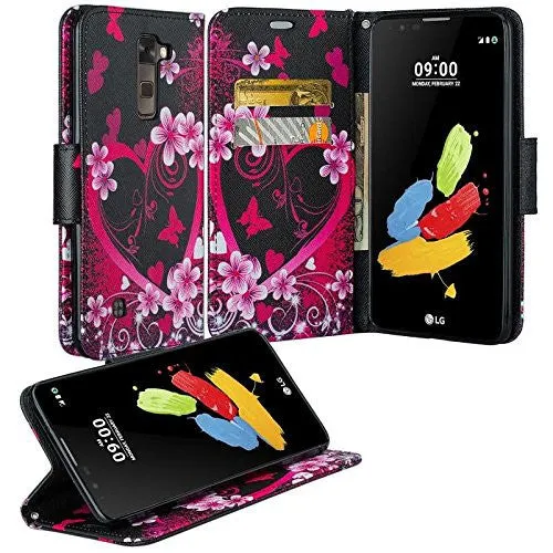 LG K8 | LG Phoenix 2 | LG Escape 3 Wallet Case, Wrist Strap [Kickstand] Pu Leather Wallet Case with ID & Credit Card Slots for LG K8 | LG Phoenix 2 | LG Escape 3 - Heart Butterflies