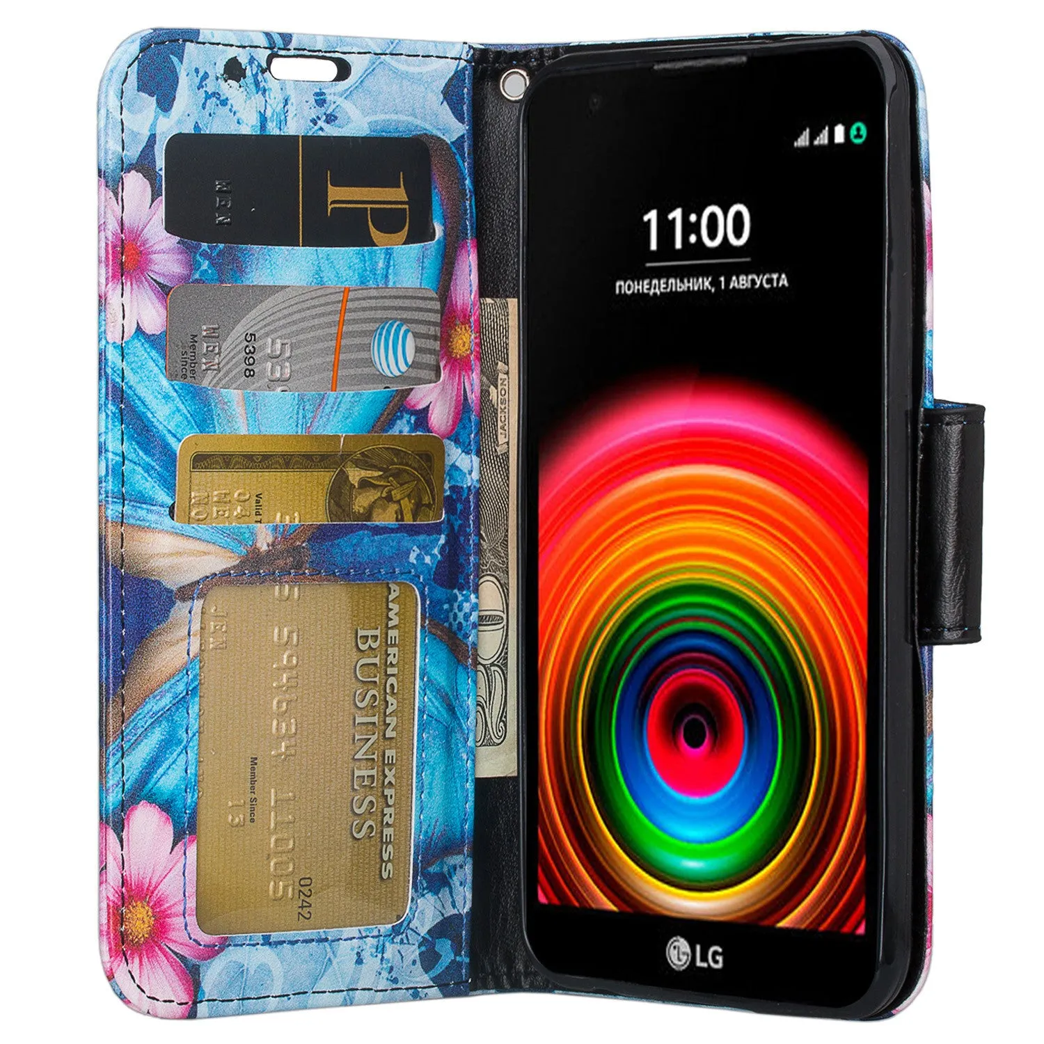 LG X Power Case, Wrist Strap Magnetic Fold[Kickstand] Pu Leather Wallet Case with ID & Credit Card Slots for LG X Power - Midnight Butterfly